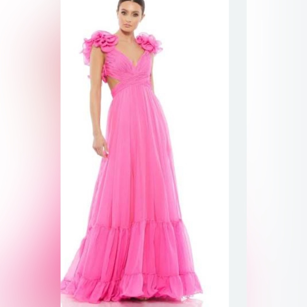 Mac Duggal Fuchsia Maxi Dress with Floral Shoulders